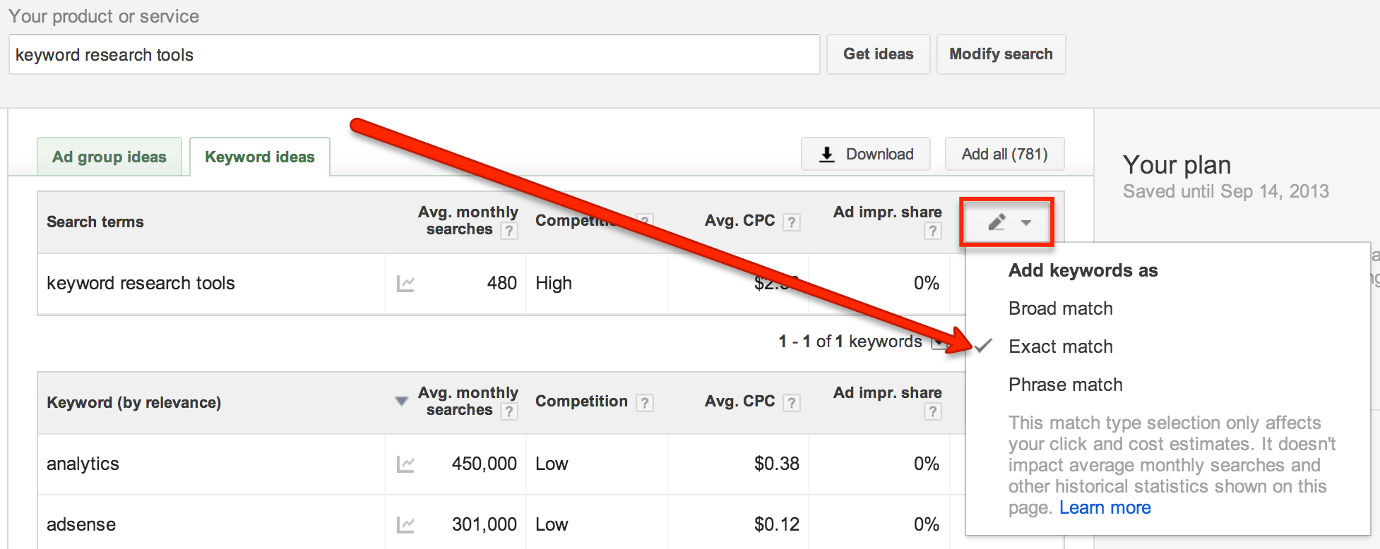 keyword planner tool exact match prestamos instantaneos de dinero